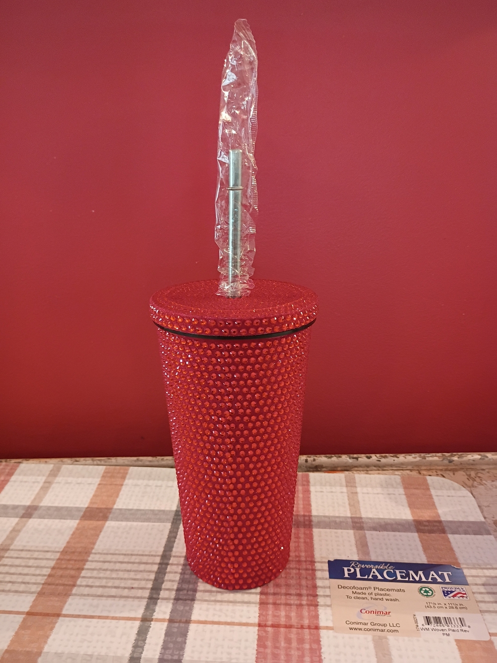 Red Rhinestone Tumbler with Lid and Straw